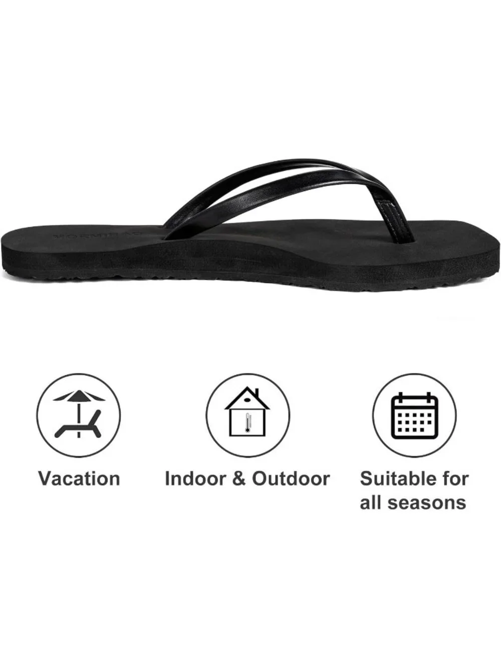 Women's Black Faux Leather Summer Comfortable Flip Flops Square Toe Flat Sandals